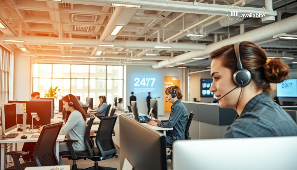 A brightly lit modern office interior with a large open-plan workspace. In the foreground, a team of professional customer service agents wearing headsets diligently assist customers on the phone, their expressions focused and attentive. Ergonomic desks, comfortable chairs, and state-of-the-art communication equipment create an efficient and productive work environment. The mid-ground features a central help desk staffed by knowledgeable support specialists providing guidance to visitors. In the background, a sleek and contemporary reception area with digital displays showcasing the company's 24/7 availability. Warm lighting, clean lines, and a minimal color palette evoke a sense of reliability, responsiveness, and exceptional customer care. A brightly lit modern office interior with a large open-plan workspace. In the foreground, a team of professional customer service agents wearing headsets diligently assist customers on the phone, their expressions focused and attentive. Ergonomic desks, comfortable chairs, and state-of-the-art communication equipment create an efficient and productive work environment. The mid-ground features a central help desk staffed by knowledgeable support specialists providing guidance to visitors. In the background, a sleek and contemporary reception area with digital displays showcasing the company's 24/7 availability. Warm lighting, clean lines, and a minimal color palette evoke a sense of reliability, responsiveness, and exceptional customer care.