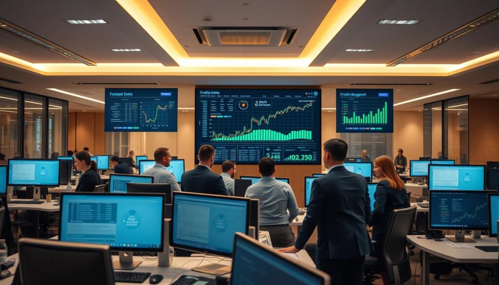 A busy financial office, with a team of professionals closely collaborating on a large, centralized display. The space is filled with a warm, focused atmosphere, accentuated by indirect, adjustable lighting that casts a soft glow. Elegant, ergonomic workstations are arranged in a dynamic, efficient layout, allowing for seamless information sharing and decision-making. Detailed financial data and graphs flow across the central screen, providing real-time insights into credit management processes. The team members, dressed in professional attire, demonstrate a sense of concentration and determination as they navigate the intricate systems, optimizing revenue streams and ensuring compliance.