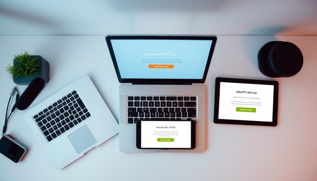 A clean and minimalist desktop setup with a laptop, smartphone, and tablet neatly arranged, showcasing the step-by-step process of activating a free IPTV trial. The lighting is soft and diffused, creating a calming ambiance. The camera angle is slightly elevated, giving a bird's-eye view of the scene. The devices display intuitive onscreen instructions guiding the user through the activation workflow. The overall mood is one of simplicity and ease of use, reflecting the effortless nature of the free trial setup.