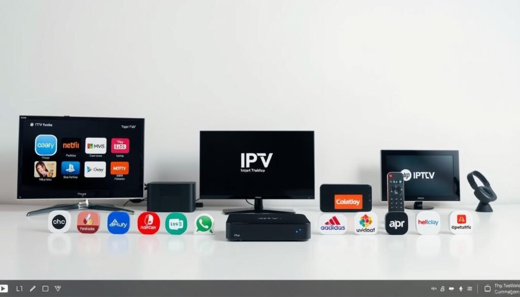 A clean, minimalist desktop display showcasing a selection of top IPTV service providers. In the foreground, high-resolution icons and logos of popular IPTV apps and platforms are neatly arranged, reflecting their diverse offerings. The middle ground features sleek, modern devices such as smart TVs, streaming boxes, and mobile phones, seamlessly integrating the IPTV services. The background is a soft, muted gradient, creating a sense of focus and clarity on the IPTV ecosystem. Crisp, even lighting illuminates the scene, and the camera angle is slightly elevated to provide an authoritative, informative perspective.