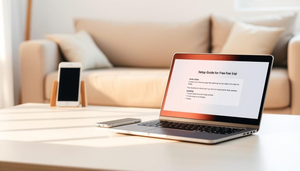 A clean, minimalist setup guide for a free trial experience. In the foreground, a laptop displaying a simple interface with clear instructions, bathed in warm, natural lighting. In the middle ground, a smartphone and a tablet, showcasing complementary device compatibility. The background features a comfortable, distraction-free workspace, with subtle textures and neutral colors that create a sense of focus and productivity. The overall mood is one of efficiency, accessibility, and a user-friendly approach to maximizing the free trial.