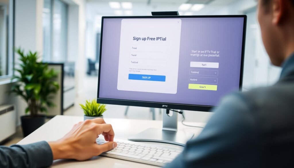 A clean, well-lit office setting with a large desktop computer monitor displaying a sign-up form for a free IPTV trial. In the foreground, a person's hands are filling out the form, with a focused expression on their face. The middle ground features modern office furnishings, including a sleek desk, comfortable chair, and a potted plant. The background gently blurs, creating a sense of depth and professionalism. The overall scene conveys a smooth, streamlined process for starting an IPTV free trial, with a calm, productive atmosphere.