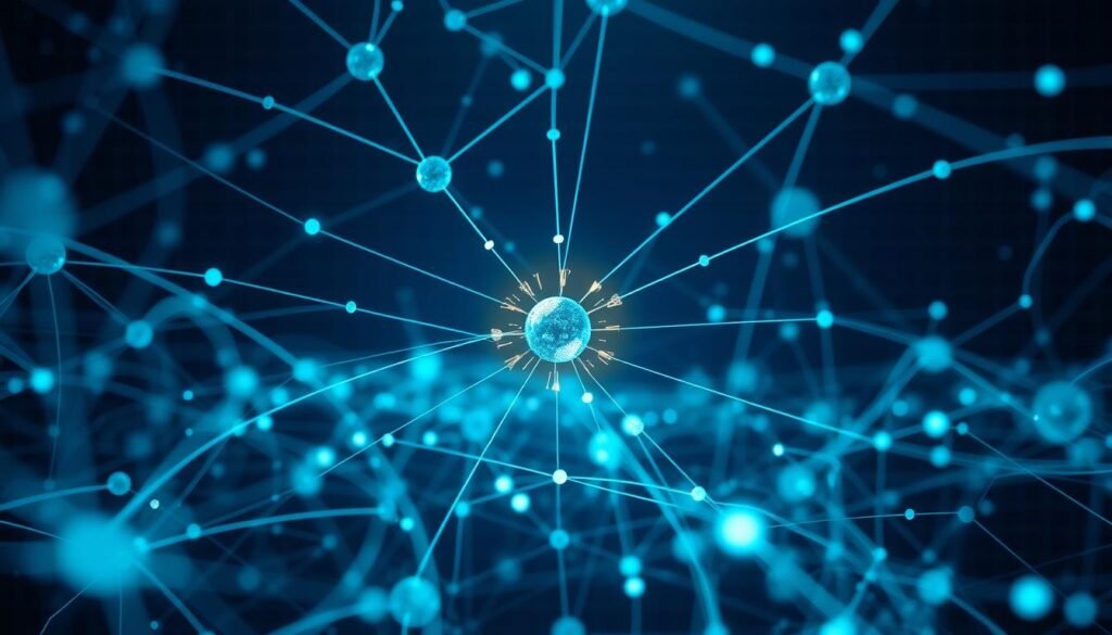A complex network visualization with flowing data streams, intricate nodes, and interconnected pathways. The scene is bathed in a cool, technical palette of blues and greens, conveying a sense of efficiency and optimization. In the foreground, a central node pulsates with energy, while peripheral nodes dynamically adjust their connections, creating an impression of real-time network optimization. The middle ground features a web of lines and curves, representing the underlying infrastructure, with subtle highlights adding depth and dimension. In the background, a subtle grid pattern provides a sense of structure and organization, complementing the dynamic, data-driven nature of the scene.