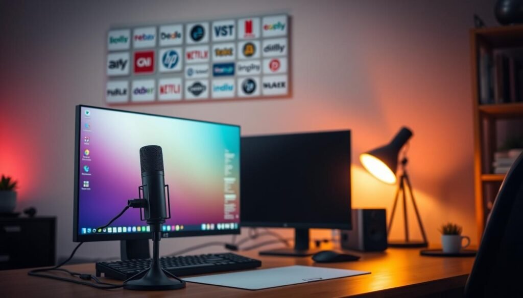 A cozy home office setup with a modern computer, a high-quality microphone, and a sleek webcam on a tidy desk. Warm, diffused lighting illuminates the scene, creating a welcoming atmosphere. In the background, a minimal wall display showcases various streaming service logos, hinting at the subject of the guide. The overall composition is well-balanced, with a subtle depth of field that draws the viewer's attention to the essential elements of the streaming setup.