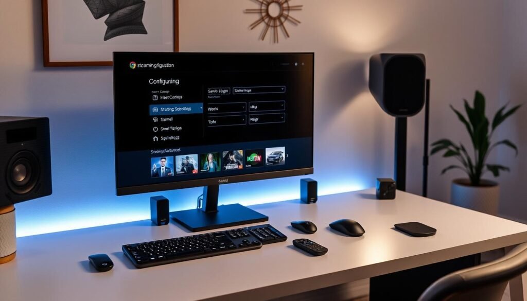 A cozy home office setup with a sleek, modern desk, a large monitor displaying a streaming configuration interface, and various peripheral devices like a keyboard, mouse, and smart remote. The lighting is soft and diffused, creating a comfortable and focused ambiance. The background features a minimalist wall decor and a houseplant, adding a touch of nature. The overall scene conveys a sense of productivity and seamless digital entertainment management.