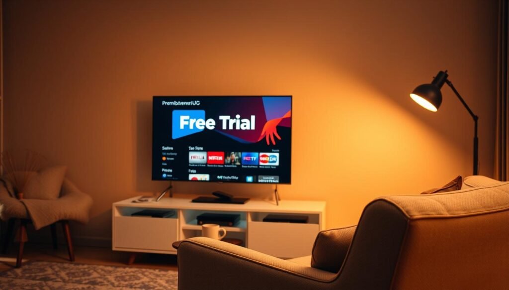 A cozy living room scene with a sleek modern TV stand, displaying a streaming service's trial offer. Warm, diffused lighting creates a inviting ambiance. On the screen, a prominent "Free Trial" banner and a sleek UI displaying the streaming service's logo. In the foreground, a plush, neutral-toned armchair and a small side table with a cup of hot beverage. The overall mood is one of relaxation and accessibility, emphasizing the ease of accessing premium content through an affordable trial period.