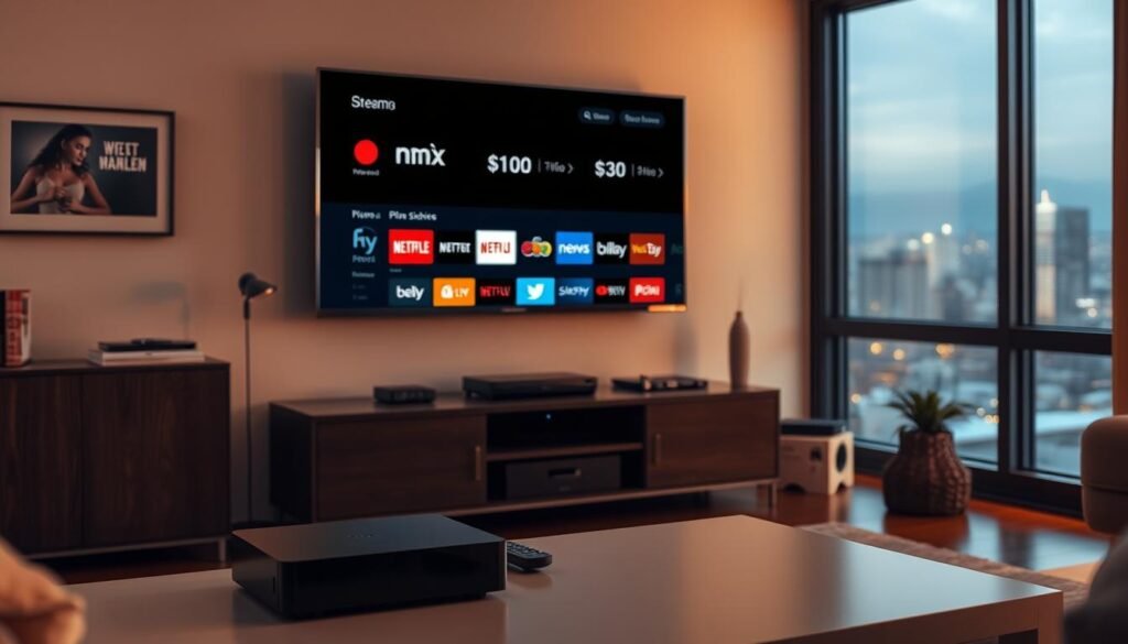 19,000+ IPTV Channels: Complete List of Live TV Options 2 A cozy living room setting with a modern flatscreen TV mounted on the wall, displaying various streaming service logos and plan details. In the foreground, a sleek, minimalist media console holds a streaming device, remote control, and a stack of digital devices. The room is bathed in warm, ambient lighting, creating a comfortable and inviting atmosphere. In the background, a large window overlooks a cityscape, hinting at the global accessibility of these affordable streaming options. The overall composition conveys a sense of convenience, accessibility, and value for the modern viewer.