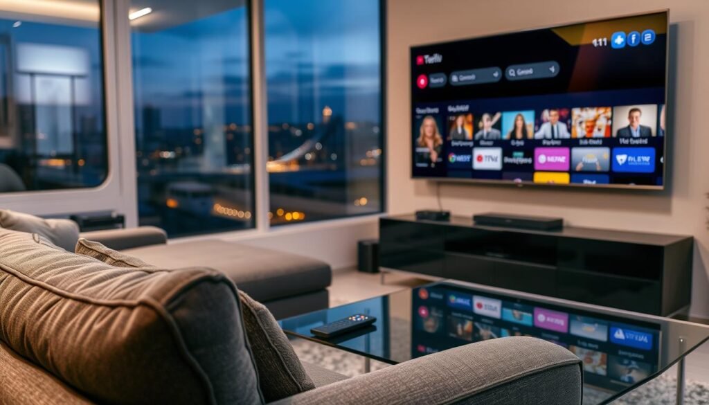 IPTV Canada: Premium Canadian Channels & North American Sports 3 A cozy living room with a large flat-screen TV mounted on the wall. In the foreground, a plush gray sofa and a modern glass-topped coffee table, with a sleek remote control lying on it. Through the window, a cityscape at dusk with twinkling lights. The lighting is soft and warm, creating a comfortable, inviting atmosphere. On the TV screen, a selection of on-demand entertainment options and catch-up TV services are displayed, hinting at the wide variety of content available. The overall scene conveys the convenience and enjoyment of modern television viewing.