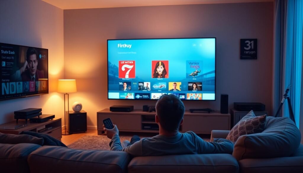 Monthly IPTV Subscription: No-Contract Premium Streaming from $6.99 1 A cozy living room with a large flatscreen TV, surrounded by various streaming devices like a smart TV, gaming console, and a sleek media box. Soft ambient lighting, plush seating, and the glow of the screen create a warm, inviting atmosphere. In the foreground, a person relaxes on the sofa, remote in hand, enjoying the convenience and variety of their monthly IPTV subscription, with no long-term contracts or hidden fees. The overall scene conveys the comfort, flexibility, and entertainment value of a premium streaming service.