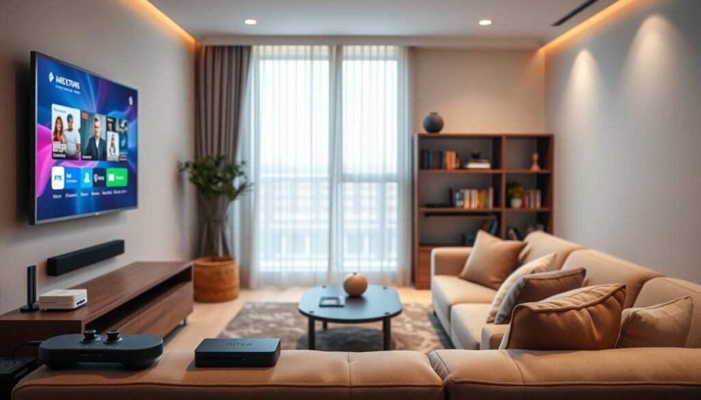 A cozy living room with a modern entertainment setup. In the foreground, a sleek smart TV mounted on the wall, its screen displaying a vibrant streaming interface. Surrounding it, various streaming devices, each connected to different rooms - a compact set-top box, a gaming console, and a compact media player. Soft ambient lighting filters through sheer curtains, creating a warm and inviting atmosphere. In the middle ground, plush seating arrangements invite family and friends to gather and enjoy the immersive multiroom streaming experience. The background features minimalist shelving displaying an array of digital media, hinting at the vast content library accessible across the home. An uncluttered, harmonious setup that seamlessly integrates technology into the domestic space.