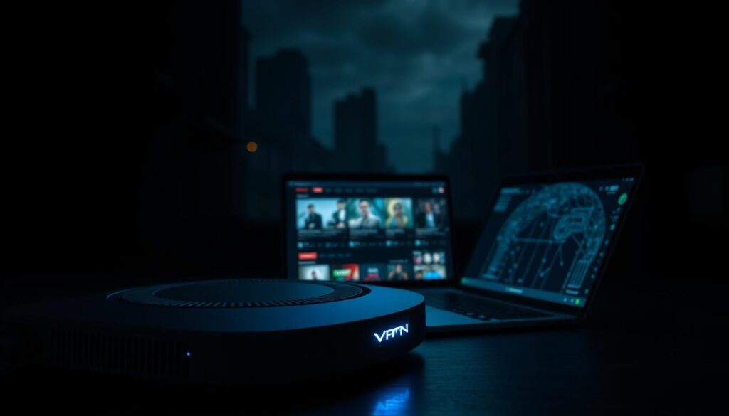 A dark, moody rendering of a virtual private network (VPN) securing a streaming platform. In the foreground, a sleek, high-tech VPN router casts a soft blue glow, its intricate circuits and blinking lights suggesting the complex algorithms protecting user data. In the middle ground, a laptop screen displays a streaming service, its content obscured by a shimmering VPN tunnel, emphasizing the importance of online privacy. The background is a shadowy, urbane landscape, hinting at the ever-present threats to digital security in the modern world. Dramatic chiaroscuro lighting and a cinematic depth of field convey the gravity of the subject matter.