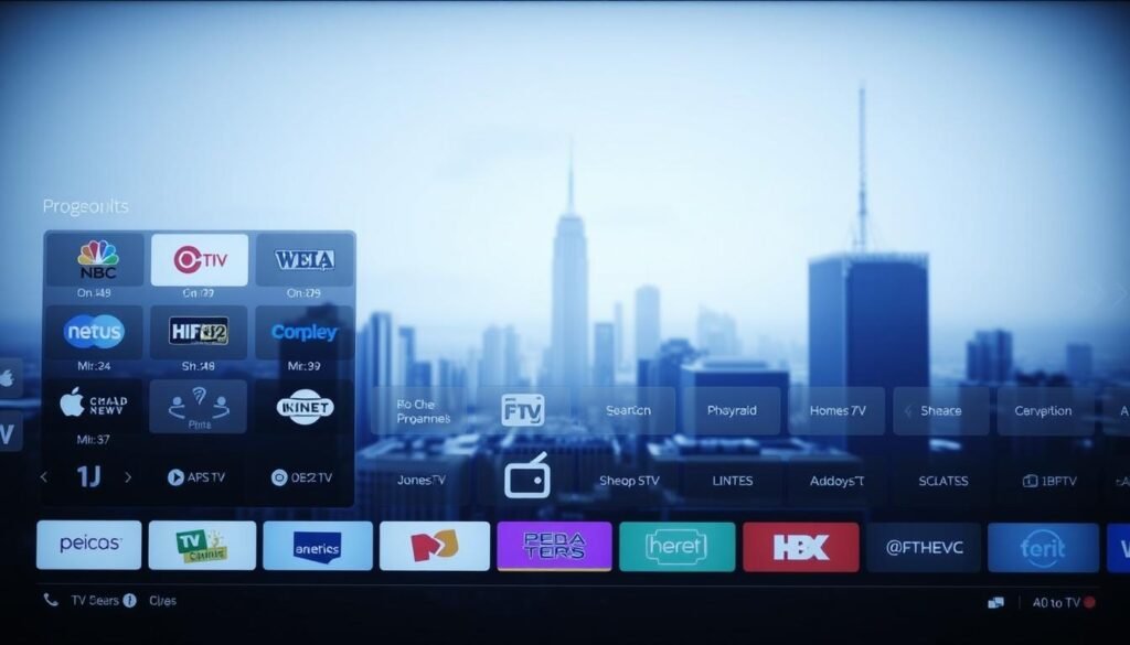 A detailed and visually compelling electronic program guide interface, showcasing a sleek and modern design. The foreground features a clean grid layout displaying various TV channel logos, program titles, and timeslots. The middle ground includes intuitive navigation controls, search functionalities, and personalization options. The background depicts a subtle, futuristic cityscape or minimalist abstract patterns, creating a sense of depth and high-tech atmosphere. Lighting is soft and diffused, with a balanced use of cool and warm tones to enhance the professional and engaging user experience. The overall composition aims to convey the power and versatility of IPTV streaming across multiple devices.