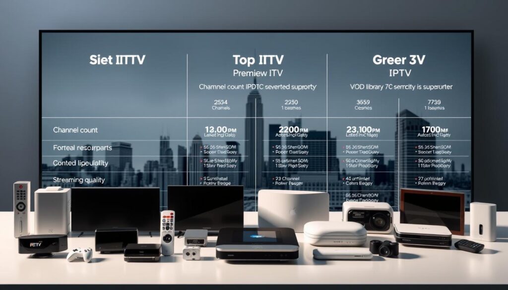 A detailed comparison of premium IPTV service providers, showcased in a sleek and modern layout. In the foreground, various IPTV device icons are artfully arranged, representing the diversity of platforms supported. The middle ground features clean, minimalist graphics highlighting key service metrics such as channel count, VOD library, and streaming quality. The background depicts a subtle yet striking cityscape, hinting at the global reach and reliability of these top-tier IPTV options. The lighting is soft and directional, creating depth and emphasizing the professionalism of the subject matter. The overall mood is one of sophistication, technology, and authority in the IPTV industry. A detailed comparison of premium IPTV service providers, showcased in a sleek and modern layout. In the foreground, various IPTV device icons are artfully arranged, representing the diversity of platforms supported. The middle ground features clean, minimalist graphics highlighting key service metrics such as channel count, VOD library, and streaming quality. The background depicts a subtle yet striking cityscape, hinting at the global reach and reliability of these top-tier IPTV options. The lighting is soft and directional, creating depth and emphasizing the professionalism of the subject matter. The overall mood is one of sophistication, technology, and authority in the IPTV industry.