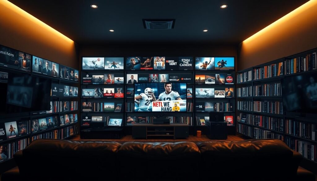 IPTV PPV Events: UFC, Boxing & Special Shows Without Extra Cost 1 A dimly lit entertainment center filled with rows of video content on demand. In the foreground, a cozy leather sofa beckons viewers to explore a vast library of movies, TV shows, and sports events, its warm glow casting a soft light across the scene. The middle ground features sleek media consoles and shelves stocked with an abundance of digital content, suggesting an immersive and personalized viewing experience. In the background, subtle lighting highlights the sophisticated technology powering this on-demand content oasis, creating an atmosphere of modern convenience and limitless entertainment possibilities.