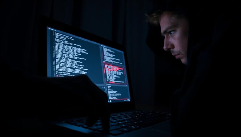 A dimly lit room, the glow of a laptop screen illuminating a tense face. On the screen, a series of complicated-looking windows and code, hinting at the illicit nature of the activity. In the foreground, a hand hovers over the keyboard, hesitant yet determined. The atmosphere is one of unease and risk, the sense of danger palpable. A shadowy figure looms in the background, a reminder of the potential consequences of this illegal streaming activity. The lighting is dramatic, with harsh shadows and a sense of foreboding. The overall impression is one of the high-stakes world of illegal IPTV streaming, where the threat of legal action and security risks loom large.