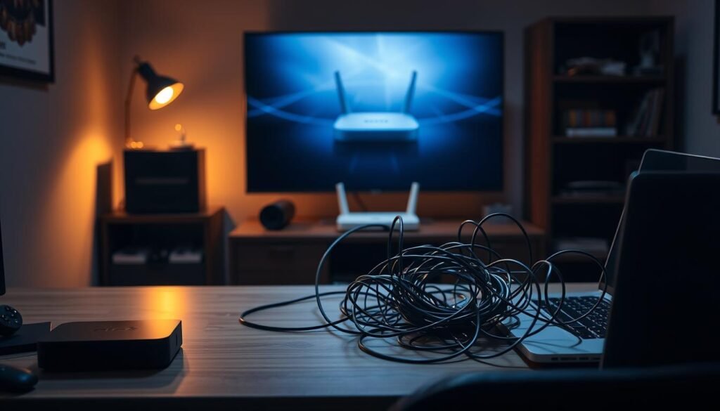 A dimly lit room, with a desk in the foreground showcasing various streaming devices - a smart TV, a streaming box, and a laptop. In the middle ground, a tangled mess of cables representing the technical challenges of IPTV buffering, with a glowing router in the background symbolizing the struggle to maintain a stable internet connection. Soft, warm lighting illuminates the scene, creating a pensive, problem-solving atmosphere. The overall composition conveys the complexities of troubleshooting IPTV buffering issues and the need for effective solutions to achieve a smooth streaming experience.