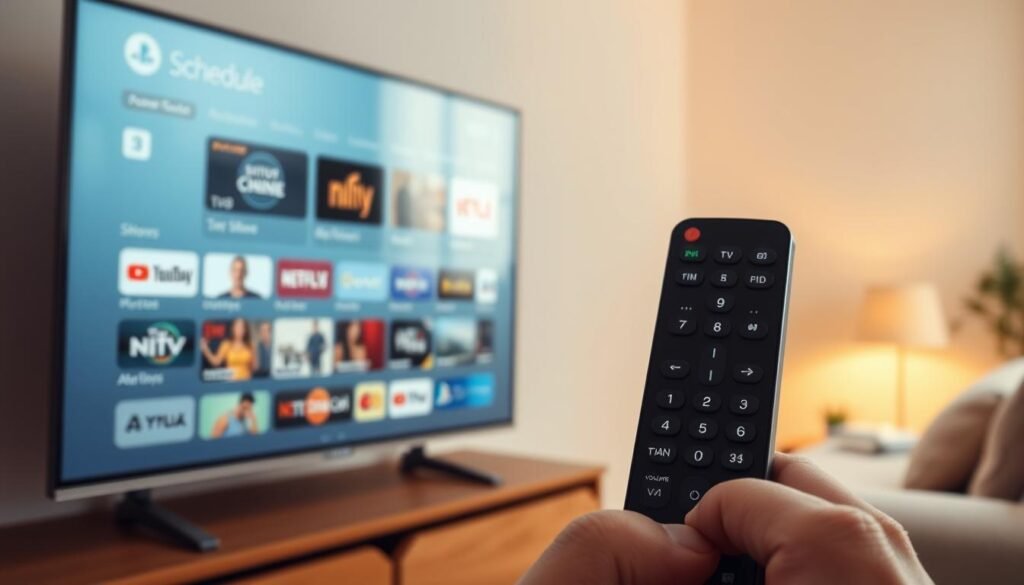 A dynamic and visually appealing TV schedule navigation interface, featuring a sleek and modern design. The foreground showcases an interactive on-screen program guide, displaying a grid of upcoming shows with clear channel logos, titles, and time slots. The middle ground features a user-friendly remote control with intuitive buttons for navigating the guide, adjusting volume, and switching between channels. The background depicts a minimalist living room setting, with warm lighting and subtle hints of domestic comfort, creating a cozy and inviting atmosphere for the viewer. The overall scene conveys a sense of effortless control and a superior viewing experience.
