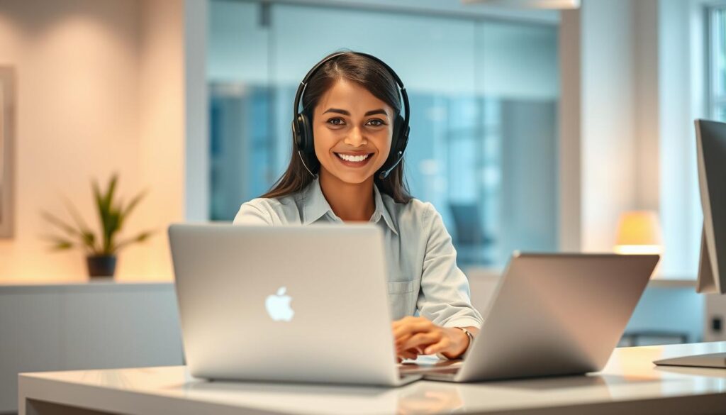 A friendly customer service agent seated at a modern workstation, headset on, in a bright, clean office with minimalist decor. The agent's expression conveys a welcoming, attentive demeanor as they engage with a laptop or tablet. Soft, warm lighting illuminates the scene, creating a professional, inviting atmosphere. The background features subtle technology motifs, hinting at the 24/7 availability of the support services. The composition emphasizes the agent's focus and dedication to providing seamless, responsive assistance to customers.