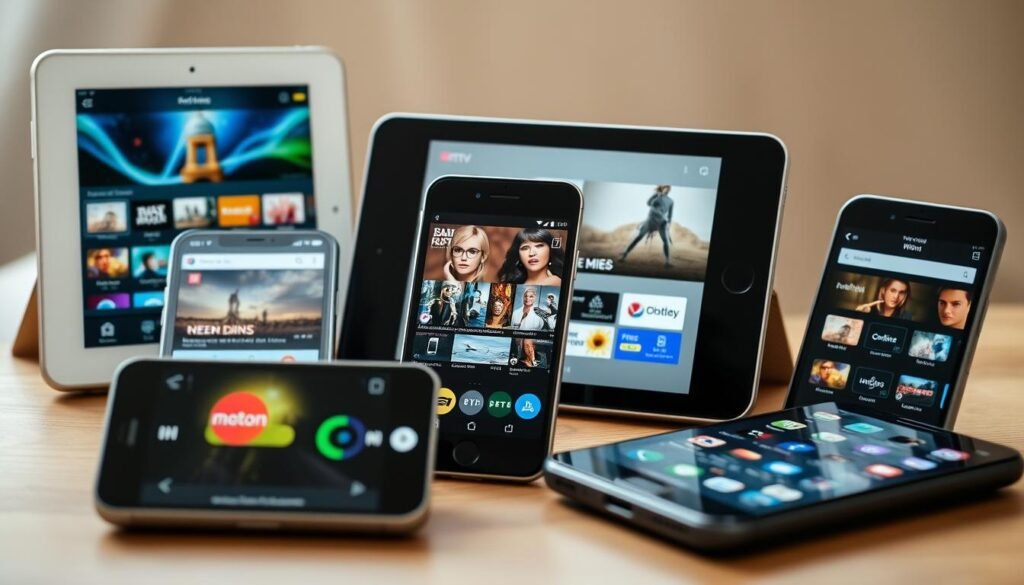 A group of modern mobile devices, including smartphones and tablets, with various streaming apps and services prominently displayed on their screens. The devices are arranged in a natural, casual setting, perhaps on a wooden table or against a subtle, neutral background. The lighting is soft and diffused, creating a warm, inviting atmosphere. The overall scene conveys a sense of mobility, connectivity, and the convenience of accessing live TV and other media content on-the-go using IPTV solutions for iOS and Android platforms.