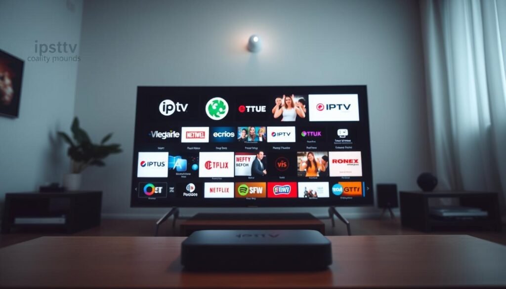 A high-contrast, contemporary image of a modern home entertainment setup displaying various IPTV service logos and UI screenshots, shot with a wide-angle lens in soft, even lighting. The foreground features a sleek, minimalist TV or streaming device, with the IPTV service icons arranged neatly around it. The middle ground showcases detailed UI mockups of the top IPTV providers, presented in a grid-like layout. The background subtly blurs out, hinting at a cozy, domestic living space. The overall mood is one of refined professionalism, inviting the viewer to explore and compare the leading IPTV options.