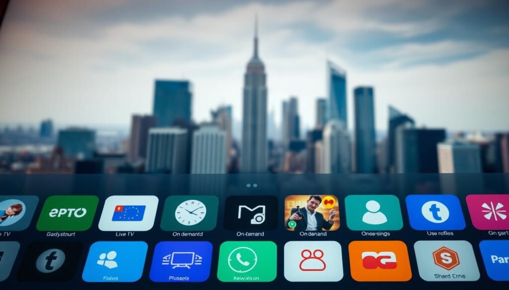 A high-definition interface of a popular streaming application, showcasing its key features in a clean, modern design. The foreground displays a grid of app icons, each representing a distinct functionality such as live TV, on-demand content, and user profiles. The midground features a sleek, minimalist navigation bar with intuitive icons and labels. The background showcases a blurred, cinematic landscape of a city skyline, creating a sense of depth and immersion. The lighting is soft and natural, with a subtle warm tone, and the camera angle is slightly elevated, providing an overview of the interface. The overall mood is one of sophistication, accessibility, and entertainment.