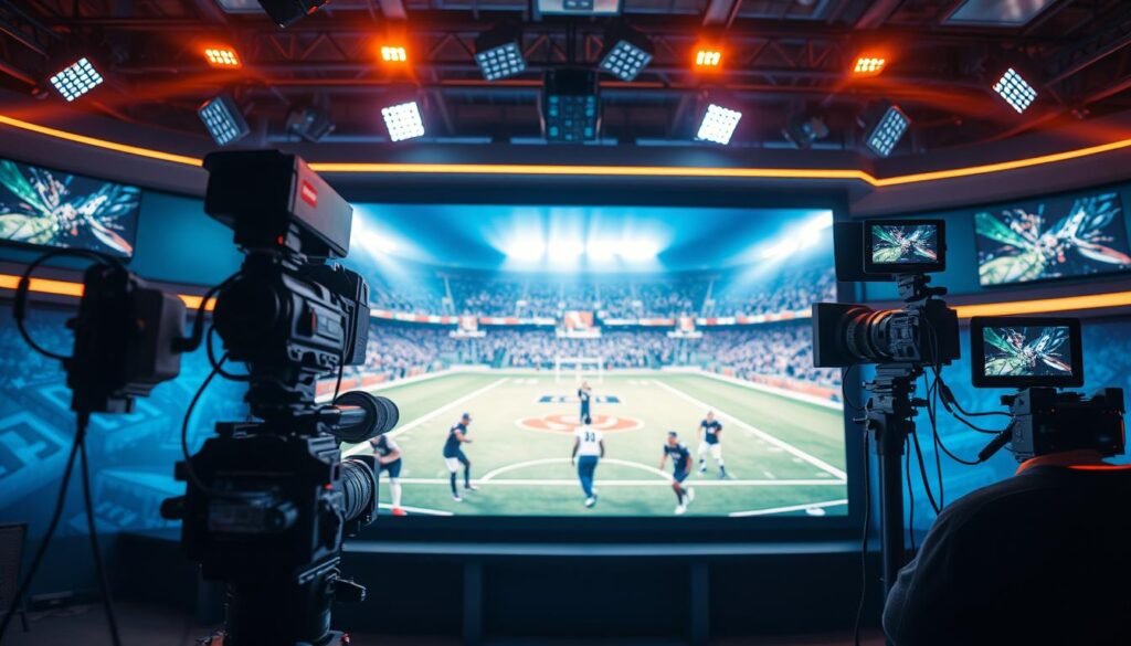 IPTV Canada: Premium Canadian Channels & North American Sports 1 A high-definition sports broadcast with premium video quality and immersive graphics. A sleek, modern sports studio with state-of-the-art cameras, lighting, and a large, ultra-high-definition display showing a dynamic live feed of an intense sports match. The scene is bathed in a warm, cinematic lighting, creating a sense of energy and excitement. The camera angles capture the action from multiple perspectives, showcasing the athleticism and skill of the players. The overall atmosphere conveys the thrill and prestige of premium sports streaming.