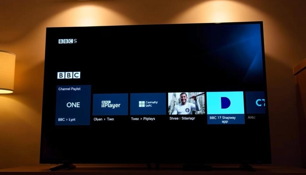 A high-definition television screen displays a sleek and modern channel playlist interface, showcasing a selection of BBC content including BBC One, BBC Two, and the iPlayer app. The screen is illuminated by warm, indirect lighting, creating a cozy and inviting atmosphere. The layout is clean and intuitive, with clear icons and a minimalist design that reflects the premium nature of the BBC's IPTV offerings. The image conveys a sense of seamless integration and accessibility, inviting the viewer to explore the BBC's diverse range of high-quality programming.