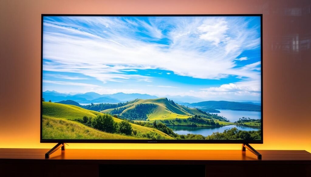 A high-quality 4K television screen displaying a vivid, vibrant nature scene in stunning ultra-high definition. The screen is bathed in warm, soft lighting creating a serene, immersive atmosphere. In the foreground, detailed textures and crisp edges showcase the television's superior image processing capabilities. The middle ground features a picturesque landscape with rolling hills, lush greenery, and a tranquil body of water reflecting the scene. The background is filled with wispy clouds and a bright, azure sky, conveying a sense of openness and expansiveness. The overall composition highlights the exceptional clarity, color accuracy, and cinematic viewing experience of 4K video streaming.