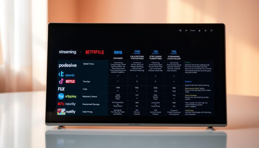 A high-quality comparison chart displayed on a sleek, modern device screen. The foreground features several leading streaming service logos arranged side-by-side, with clean typography and subtle highlights. The middle ground showcases detailed pricing, content, and feature information in a well-organized tabular layout. The background depicts a soft, minimalist environment with subtle gradients and reflections, creating a sense of premium, high-tech ambiance. Warm, balanced lighting accentuates the display's clarity and sharpness, while a slightly low camera angle emphasizes the product's premium, attention-grabbing presence.