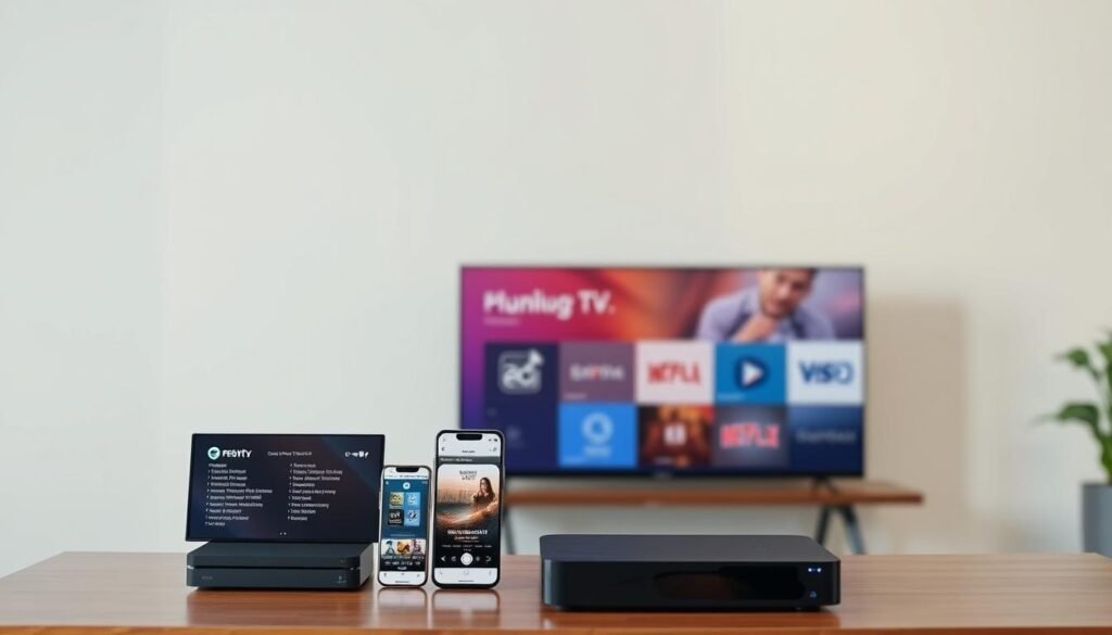 Monthly IPTV Subscription: No-Contract Premium Streaming from $6.99 2 A high-quality comparison of premium IPTV services, with detailed product info displayed on sleek, modern devices against a crisp, minimal background. Showcasing the latest set-top boxes, smart TVs, and mobile apps, captured in warm, natural lighting with a shallow depth of field to emphasize the products. The overall mood is sophisticated and informative, inviting the viewer to explore the top IPTV options on the market.
