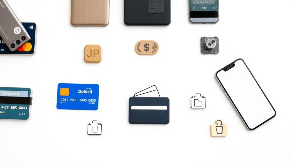 A high-quality photograph of various payment method options, including credit card, debit card, digital wallet, and mobile payment icons, neatly arranged on a minimalist white background. The items are evenly spaced and precisely aligned, creating a clean and visually appealing composition. The lighting is soft and evenly distributed, highlighting the details and textures of the payment methods. The perspective is slightly elevated, giving the viewer a clear and unobstructed view of the display. The overall mood is professional, modern, and inviting, conveying a sense of trust and financial security.