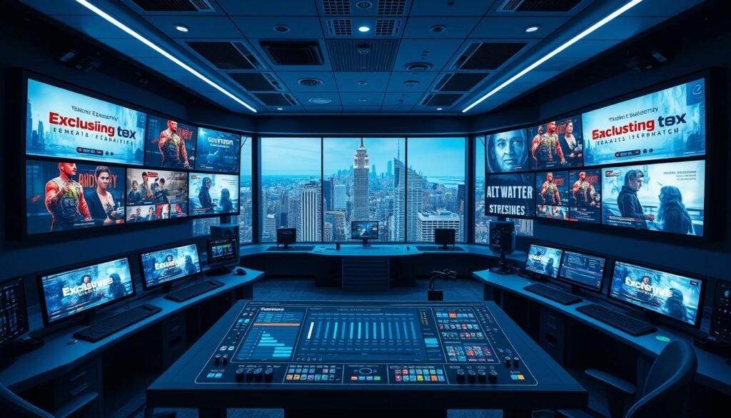 IPTV Gift Card: The Perfect Present for Entertainment Lovers 3 A high-tech control room filled with multiple screens displaying various exclusive streaming deals and services. The room is bathed in a cool, blue-tinted lighting, creating a sleek and modern atmosphere. In the foreground, a large central screen showcases the latest must-watch titles, surrounded by smaller displays highlighting different subscription packages and pricing options. The middle ground features a futuristic interface with sliders, buttons, and data visualizations, hinting at the power and customization available to the user. In the background, a panoramic view of a bustling city skyline can be seen through floor-to-ceiling windows, emphasizing the global reach and connectivity of these streaming platforms.