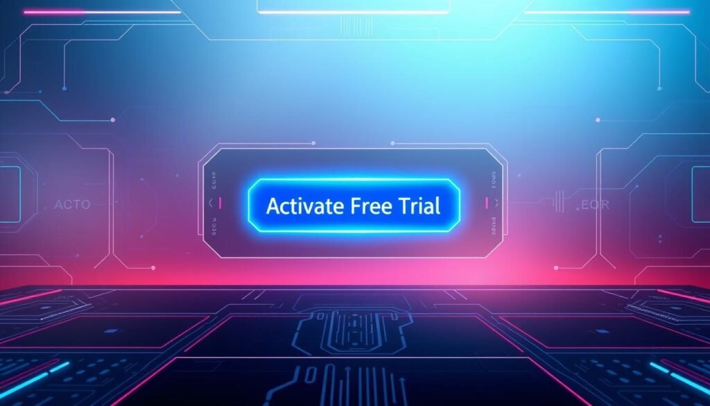 A high-tech digital interface with a sleek, modern aesthetic. In the center, a prominent "Activate Free Trial" button glows with a vibrant blue hue, beckoning the user to begin their streaming experience. The background is a soft, ethereal gradient, evoking a sense of limitless digital possibilities. Subtle circuit board patterns and digital elements subtly accentuate the technological nature of the scene. The lighting is crisp and clean, casting an inviting glow and highlighting the key interactive elements. The overall composition is balanced and visually striking, guiding the viewer's attention to the call-to-action.