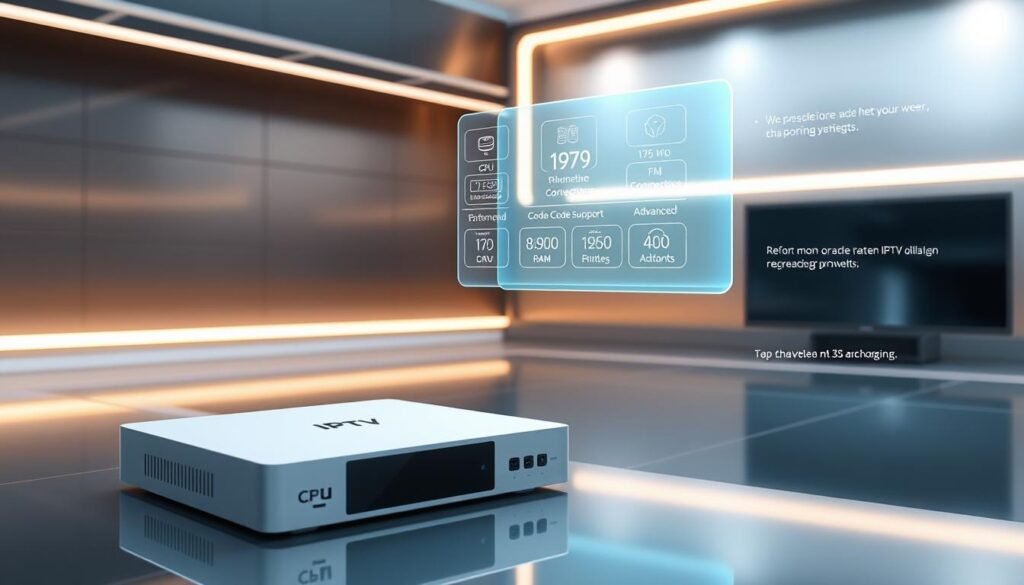 A high-tech, futuristic illustration of various streaming device specifications. In the foreground, a sleek, minimalist IPTV box with a clean, modern design, displaying key details like CPU, RAM, storage, and connectivity options. The middle ground features a floating holographic display showcasing performance metrics, codec support, and advanced features. In the background, a sleek, metallic environment with a softly lit, techno-inspired atmosphere, conveying a sense of cutting-edge innovation and technological prowess. The lighting is crisp, with subtle highlights accentuating the product's refined aesthetic. The overall composition creates a visually striking and informative representation of the IPTV box's comprehensive specifications, suitable for an article highlighting the top devices compatible with WatchMaxTV.