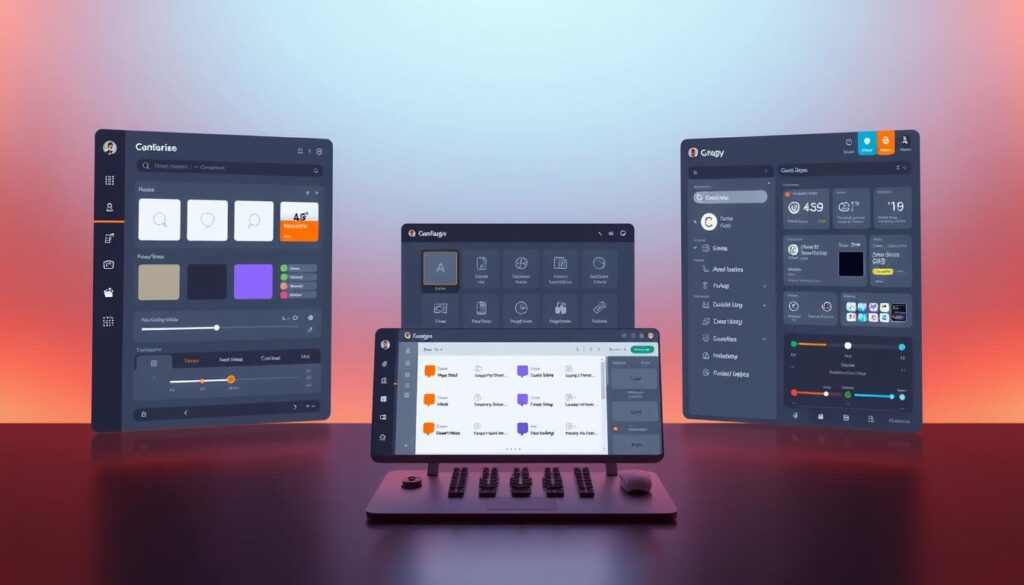 A highly customizable and responsive user interface, with an intuitive layout and smooth transitions. The interface features a clean, modern design with a subtle gradient background, providing a calm and professional atmosphere. In the foreground, a series of adjustable panels and widgets allow the user to personalize the display, adjusting elements such as color scheme, font styles, and button placements. The middle ground showcases interactive menus and controls, with clear iconography and responsive hover effects. Warm, balanced lighting illuminates the scene, creating depth and highlighting the depth of customization options available. The overall impression is of a sleek, dynamic, and highly personalized digital experience.
