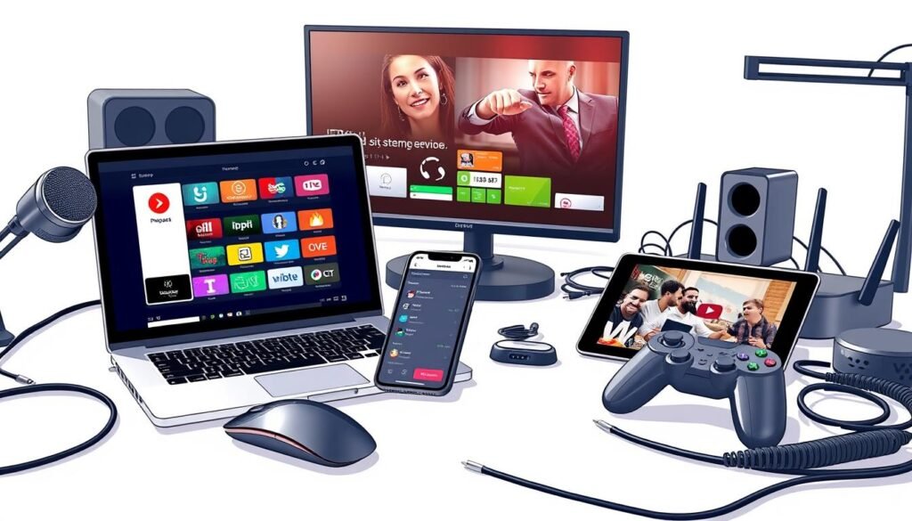 A highly detailed, sharp, and realistic digital illustration of various streaming tools and software applications for IPTV, arranged on a professional desk setup. The foreground features a modern laptop with an open IPTV app interface, a wireless mouse, and a high-quality microphone. The middle ground showcases a smartphone displaying an IPTV channel list, a tablet with a video playback interface, and a gaming controller. The background includes a monitor displaying a live IPTV stream, a sleek router, and various cable management solutions. The overall scene is well-lit, with a soft, warm lighting that creates a professional and inviting atmosphere, suitable for an article on IPTV streaming tools.
