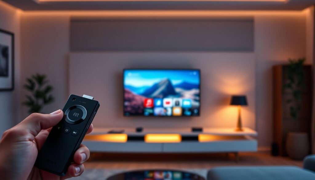 A modern home entertainment setup with a Firestick device taking center stage. In the foreground, a user's hand skillfully navigates the Firestick's intuitive interface, optimizing streaming features like picture quality, audio, and subtitles. The middle ground showcases a sleek, minimalist living room design with a large, high-definition television displaying vibrant, crystal-clear streaming content. In the background, subtle ambient lighting and warm, inviting tones create a cozy, relaxed atmosphere, perfect for an immersive viewing experience. The overall scene conveys a sense of technological refinement, user-friendliness, and domestic comfort, reflecting the optimization of IPTV on the Firestick platform.