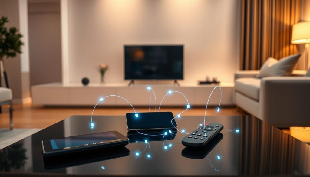 A modern living room, bathed in warm, diffused lighting. On the coffee table, an array of digital devices - a smartphone, a tablet, a smart TV remote - arranged in a harmonious display. The devices are connected by glowing streams of data, symbolizing seamless cross-platform compatibility. In the background, a sleek, minimalist entertainment center, its glossy surfaces reflecting the ambient glow. The overall scene conveys a sense of technological integration, ease of use, and the versatility of modern media consumption.