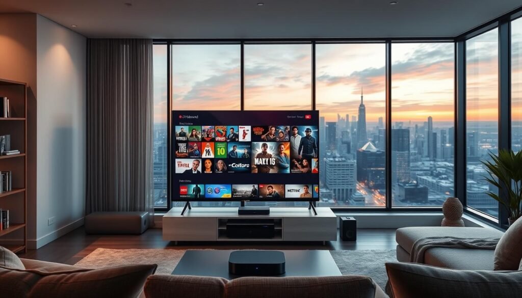 A modern living room filled with advanced streaming features. In the foreground, a sleek 4K smart TV displays an intuitive on-demand interface, showcasing a vast library of movies, TV shows, and live channels. The middle ground features a minimalist media center, housing a high-performance streaming device with voice control capabilities. Soft, ambient lighting casts a cozy glow, while large windows in the background offer a panoramic view of a vibrant city skyline. The overall scene conveys the convenience and immersive experience of next-gen on-demand entertainment, perfectly suited for the article's "Advanced Features and On-Demand Content" section.