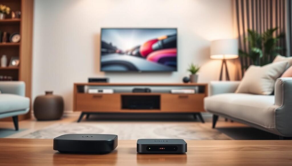 A modern, secure streaming setup for a cozy living room. In the foreground, a sleek LG Smart TV with a minimalist design, its screen displaying crisp and vibrant visuals. Beside it, a discreet streaming device seamlessly blends into the surroundings, its subtle LED indicators signaling a reliable and secure connection. The middle ground features a stylish media console, housing a powerful router and other necessary equipment, all neatly organized and cable-managed. The background showcases a warm, inviting atmosphere with soft lighting, plush furnishings, and subtle, elegant decor, creating a comfortable and immersive viewing experience.
