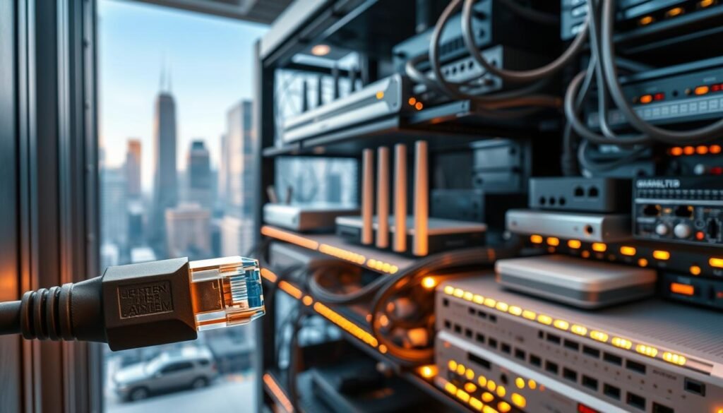 A modern server rack filled with sleek networking equipment, cables, and data storage devices, illuminated by warm, diffused lighting. In the foreground, a closeup of an ethernet port and HDMI connector, conveying the interconnected nature of IPTV technology. The middle ground showcases various wireless routers, modems, and streaming devices, while the background features a cityscape of skyscrapers, representing the broad reach of internet-based television. The overall composition emphasizes the technical complexity and global scale of IPTV infrastructure, creating a sense of sophistication and technological prowess.