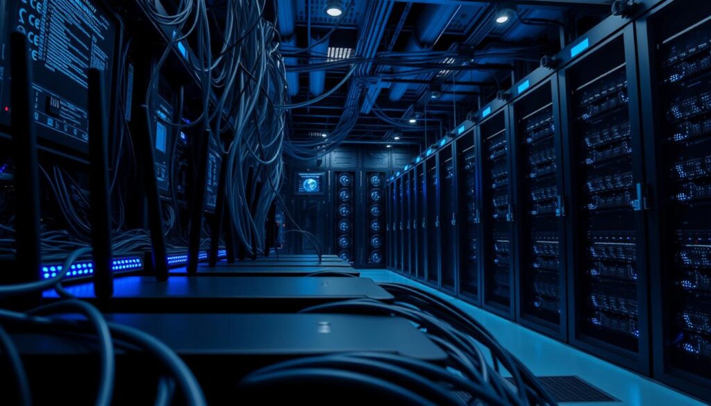 A modern server room filled with intricate network infrastructure, data cables, and glowing displays. In the foreground, a series of sleek black routers and modems connect to high-speed internet cables, casting a soft blue glow. The middle ground features a complex web of Ethernet and fiber optic lines snaking across wall-mounted panels, conveying the complexity of a robust streaming network. In the background, rows of towering server racks hum with the constant flow of digital data, their cooling fans gently whirring. The lighting is a balance of cool tones and subtle ambient illumination, creating a sense of technological efficiency and reliability. The overall atmosphere evokes a well-oiled, high-performance machine powering seamless digital experiences.