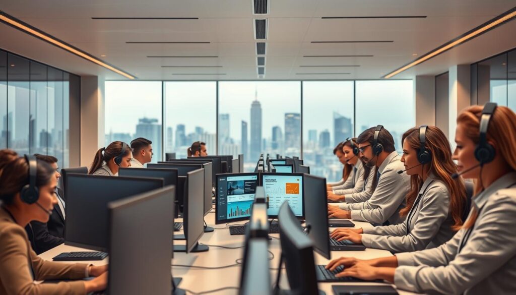 A modern, sleek call center with a team of attentive customer service representatives available 24/7. The foreground features a group of diverse agents wearing headsets, seated at desks with dual-monitor computer setups, diligently assisting customers. The middle ground showcases a central command hub with large dashboard displays tracking real-time service metrics and call volumes. In the background, a minimalist office space with floor-to-ceiling windows offers a panoramic view of a bustling city skyline, conveying a sense of constant activity and accessibility. The lighting is warm and professional, creating an atmosphere of reliable, high-quality support for subscribers of the WatchMaxTV service.