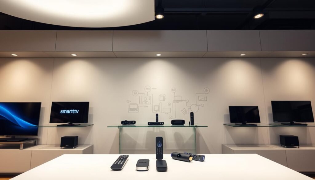 A modern, sleek electronics showroom with a variety of streaming devices prominently displayed on polished glass shelves. Diffused overhead lighting casts a warm, inviting glow. In the foreground, a Samsung smart TV, Apple TV, Roku, and Amazon Fire TV Stick are arranged neatly, showcasing their distinctive designs. In the middle ground, a minimalist table displays various remote controls, highlighting the compatibility of these devices. The background features a clean, minimalist wall with subtle technical illustrations, suggesting the seamless integration of these streaming solutions.