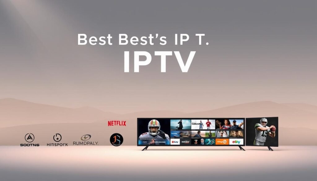 A modern, sleek illustration showcasing the best IPTV service providers. In the foreground, a row of minimalist logos representing popular IPTV brands, rendered in a clean, high-contrast style. The middle ground features a grid of thumbnail images depicting a variety of premium TV channels available, ranging from sports to movies to entertainment. The background is a soft, gradient-based landscape in muted tones, creating a sense of depth and professionalism. Subtle lighting from the top left casts a warm, inviting glow across the scene. The overall composition conveys the idea of a comprehensive, high-quality IPTV service with a wide range of desirable content.