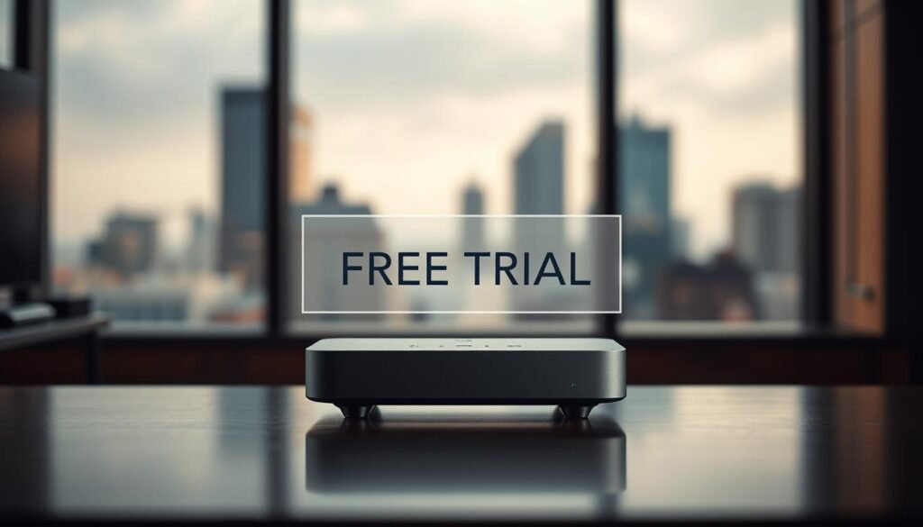 A modern, sophisticated streaming device prominently displayed in the foreground, reflecting a sleek and minimalist design. In the middle ground, a simple yet elegant call-to-action banner showcasing a "Free Trial" offer, with muted colors and a clean, uncluttered layout. The background features a blurred, out-of-focus cityscape, conveying a sense of urban technology and progress. The overall scene is bathed in a warm, natural lighting, creating a inviting and premium atmosphere. The composition is balanced and visually appealing, drawing the viewer's attention to the focal point of the free trial offer.