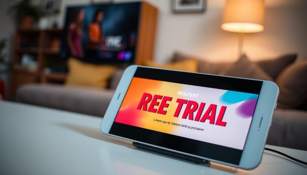 IPTV Montréal: Chaînes Québécoises et Contenu Francophone 1 A modern web device displaying a streaming service's free trial offer against a blurred background of living room decor. The device's screen shows an enticing promotional banner with bold typography and a vibrant color palette, capturing the viewer's attention. Soft, warm lighting creates a cozy, inviting atmosphere, while a tasteful shadow effect adds depth and dimensionality to the composition. The overall scene conveys a sense of convenience, accessibility, and the appealing value proposition of a no-obligation free trial for a streaming platform's content.