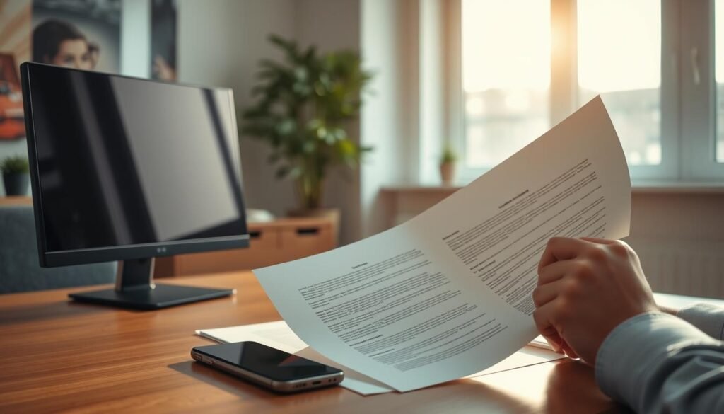 A modern, well-lit office interior with a desktop computer, a smartphone, and a legal document on the desk. A person is shown carefully examining the details of the document, conveying a sense of diligence and responsibility in choosing a legal IPTV service. The room is bathed in warm, natural light, creating a calm and professional atmosphere. The scene suggests a thoughtful decision-making process, with the focus on ensuring compliance and making an informed choice.