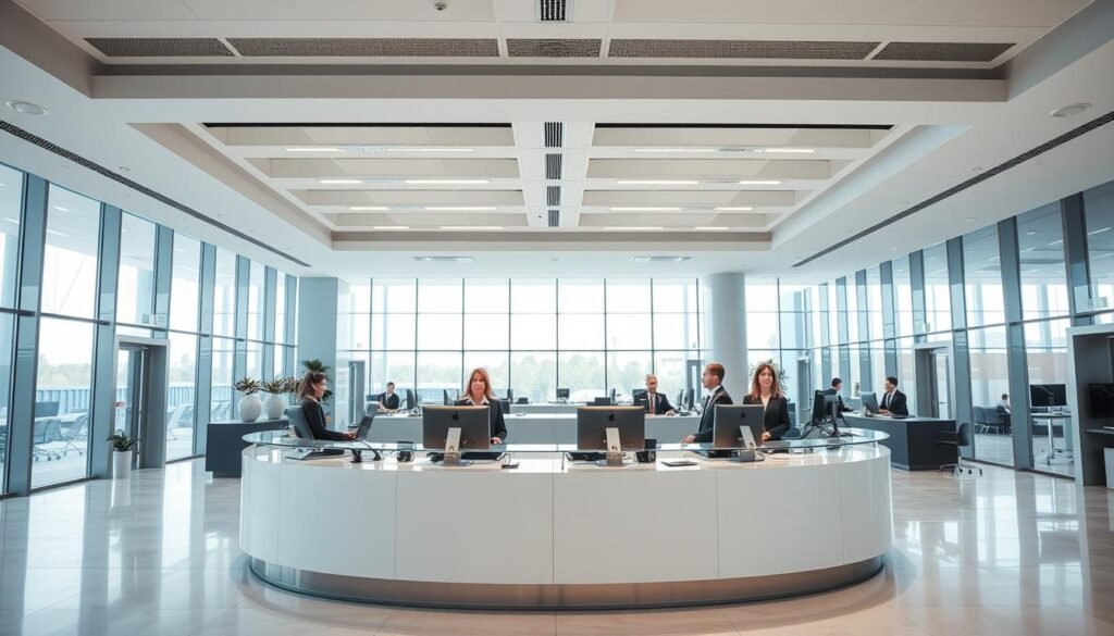 Canadian IPTV: Watch TSN, Sportsnet & All Regional Channels 2 A modern, well-lit office interior with a spacious customer service desk in the foreground. The desk is staffed by attentive representatives, each wearing a smart, professional uniform. A backdrop of sleek, minimalist decor and floor-to-ceiling windows that flood the space with natural light. The overall atmosphere conveys a sense of efficiency, reliability, and a commitment to around-the-clock availability. The camera angle is slightly elevated, providing a panoramic view that emphasizes the scale and scale of the customer support operation. The lighting is bright and even, creating a welcoming and approachable ambiance.