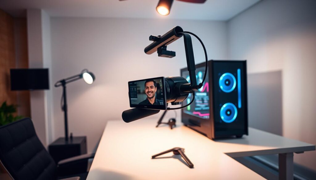 A modern, well-lit streaming setup with a professional-grade camera, high-quality microphone, and a sleek, minimalist desk with a powerful gaming PC. The camera is positioned at an optimal angle, capturing the user's face and upper body in a flattering, natural-looking composition. The lighting, a combination of soft, diffused overhead illumination and strategic accent lighting, creates a warm, inviting atmosphere. In the background, a simple, uncluttered backdrop allows the focus to remain on the setup itself. The overall impression is one of a polished, high-performance streaming station, ready to deliver an engaging, immersive viewing experience. A modern, well-lit streaming setup with a professional-grade camera, high-quality microphone, and a sleek, minimalist desk with a powerful gaming PC. The camera is positioned at an optimal angle, capturing the user's face and upper body in a flattering, natural-looking composition. The lighting, a combination of soft, diffused overhead illumination and strategic accent lighting, creates a warm, inviting atmosphere. In the background, a simple, uncluttered backdrop allows the focus to remain on the setup itself. The overall impression is one of a polished, high-performance streaming station, ready to deliver an engaging, immersive viewing experience.